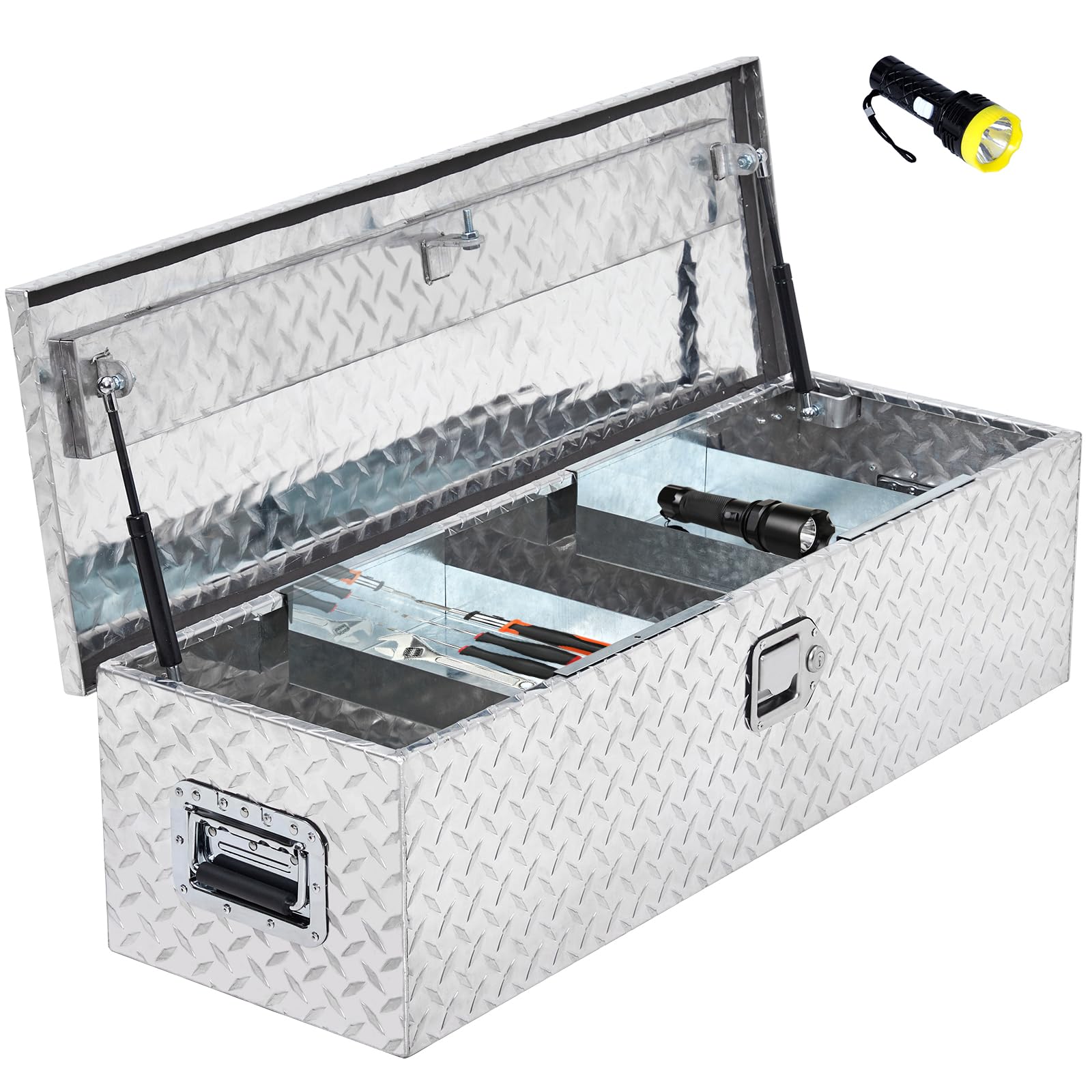 Heavy-duty aluminum truck tool box with sliding shelf and diamond plate design