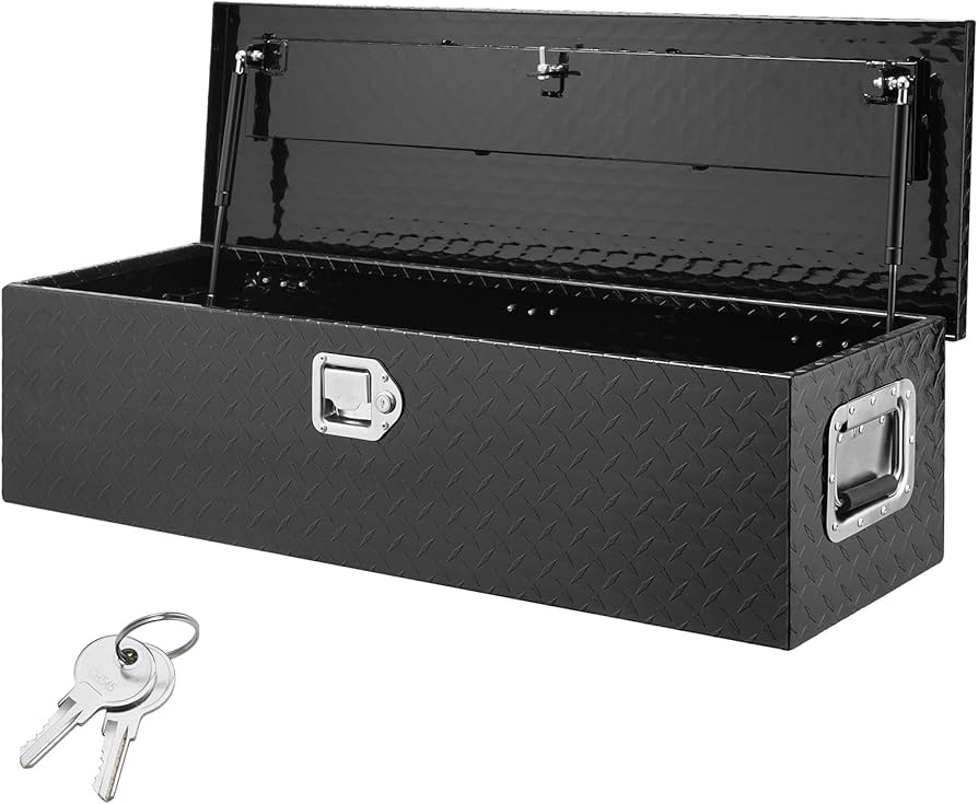 Heavy-duty black aluminum truck tool box with secure locking system